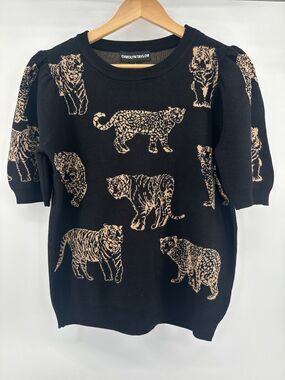 Carolyn Taylor Big Cat Club Knit Sweater Woman's Large Elbow Sleeve Crew Neck